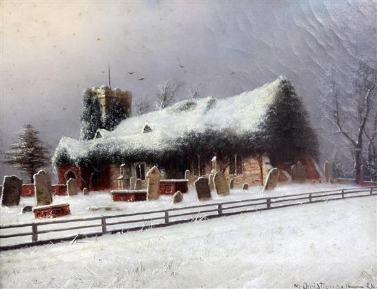 Nils Hans Christiansen (Danish, 1850-1922) Church in winter, 12 x 16in.